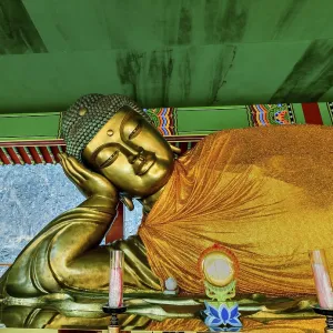 Closeup of upper body of thirteen meter long reclining Buddha at Manbulsa Temple in Yeongcheon Closeup of upper body of thirteen meter long reclining Buddha at Manbulsa Temple in Yeongcheon