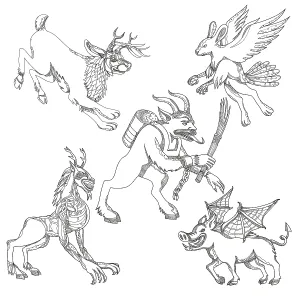 A collection of doodle art illustrations that includes the following mythical creatures from legend folklore A collection of doodle art illustrations that includes the following mythical creatures from legend folklore