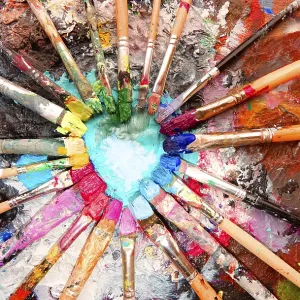 Many colorful brushes, acrylic paint Many colorful brushes, acrylic paint