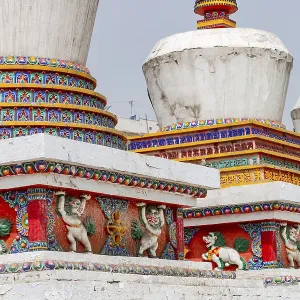 Colorful painting on a Tibetan stupa at the picturesque Kumbum Champa Ling Monastery near Xining