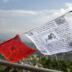 Colorful prayer flags against the blue sky of Kathmandu