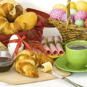 Colourful Easter breakfast with Easter eggs