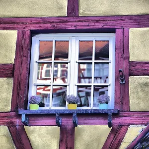 Colourful half-timbered house window with flower pots Colourful half-timbered house window with flower pots