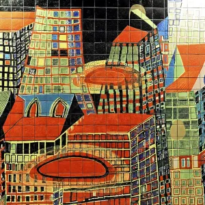Colourful mosaic of modern city structures and buildings in Portugal