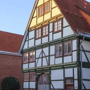 Colourfully painted facade of a 16th century timbered house on Krankenhager StraBe Colourfully painted facade of a 16th century timbered house on Krankenhager StraBe