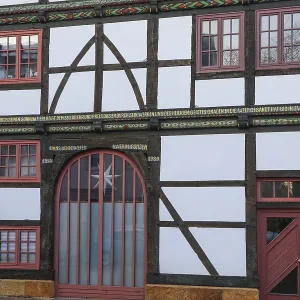 Colourfully painted facade of a 16th century timbered house on Krankenhager StraBe Colourfully painted facade of a 16th century timbered house on Krankenhager StraBe