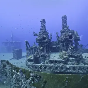 A complex underwater structure reclaimed by nature with visible coral growth: Wreck of the USS Spiegel Grove