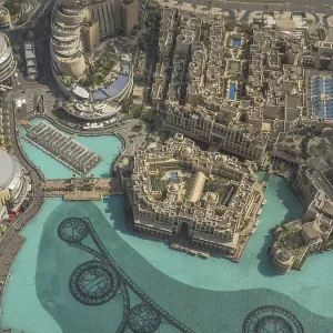 Complex urban architecture from the air with stylish buildings and pools