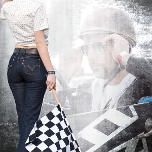 Composite image, montage, with starter girl and driver at a vintage car event Composite image, montage, with starter girl and driver at a vintage car event