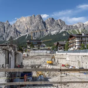 Construction site with a view of the Dolomites