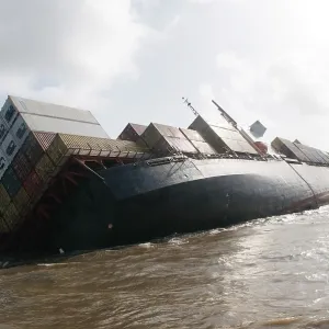 Container ship chitra tilted dangerously colliding in sea Container ship chitra tilted dangerously colliding in sea
