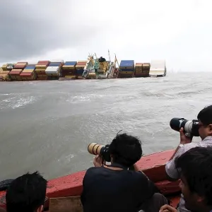 Container ship chitra tilted dangerously colliding in sea Container ship chitra tilted dangerously colliding in sea