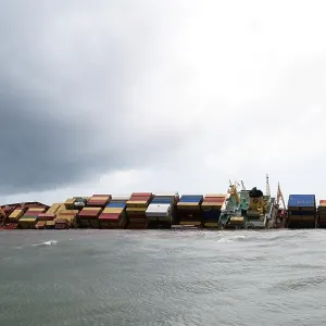 Container ship chitra tilted dangerously colliding in sea Container ship chitra tilted dangerously colliding in sea