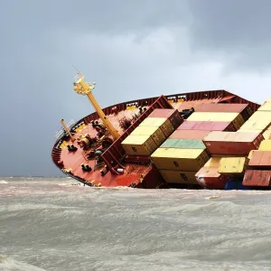 Container ship chitra tilted dangerously colliding in sea Container ship chitra tilted dangerously colliding in sea