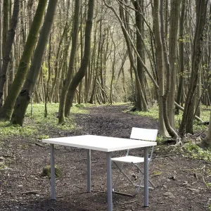 Contemporary office furniture outside in a woodland setting
