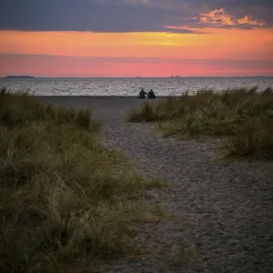 Couple sitting on the beach, Beach landscape with dune grass