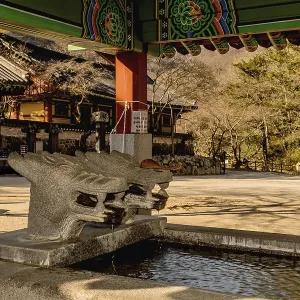 Covered water cistern with dragon head fountains at Buddhist temple
