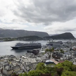 Two cruise ships moored off the harbour town of Alesund in Norway<br> Two cruise ships moored off the harbour town of