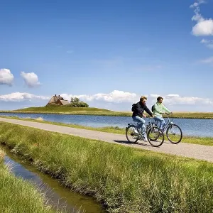 Cyclist in front of Kirchwarft dwelling mound