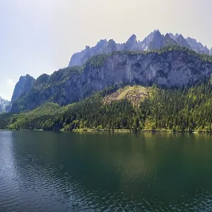 Dachstein massif, hiking trail at the Gosausee with view to the Gosaukamm and Dachstein