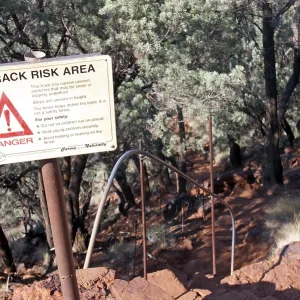 Danger sign at the track down to Fortescue Falls Dales Gorge Karijini National Park Pilbara region western australia WA