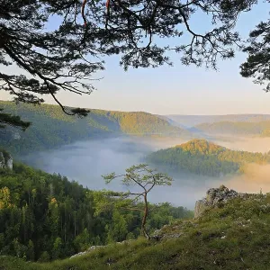 Danube valley, Danube with fog atmosphere at sunrise Danube valley, Danube with fog atmosphere at sunrise