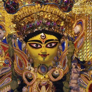 Decorative Durga clay model showing third eye open on Durga puja