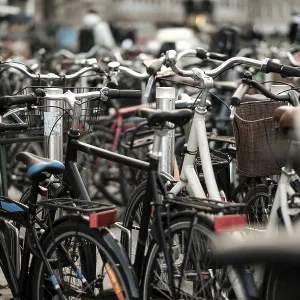 A densely packed area of parked bicycles A densely packed area of parked bicycles