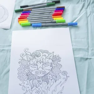 Detailed cat drawing on paper with coloured markers on a table