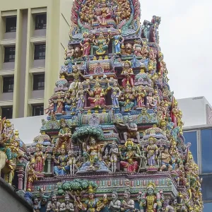 Detailed sculptures on a Hindu temple with rich colors Detailed sculptures on a Hindu temple with rich colors