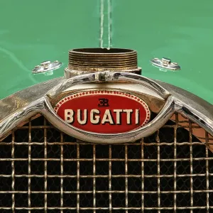 Detailed view, hand-painted emblem of a vintage Bugatti car from the 1920s Detailed view, hand-painted emblem of a vintage Bugatti car from the 1920s