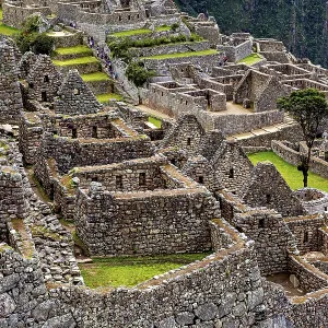 Detailed view of the terraced Machu Picchu stone ruins