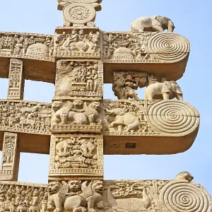 Details of north pillar of eastern gateway with three pales showing stories of Buddha stupa No 1 Details of north pillar of eastern gateway with three pales showing stories of Buddha stupa No 1
