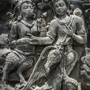 Details of sculptures and reliefs on the walls of the Borobudur temple in Java