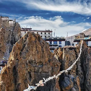 Dhankar gompa Tibetan Buddhist monastery and prayer flags lungta