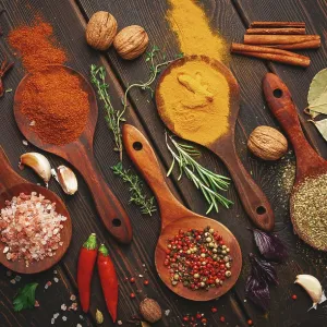 Spices and Herbs Print on Dark Table Spices and Herbs Print on Dark Table