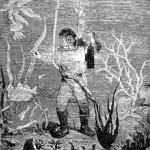 Diver on the seabed, depth, diving suit Diver on the seabed, depth, diving suit
