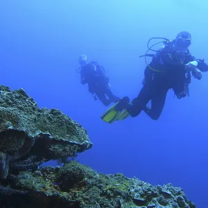 Two divers explore the underwater world with corals in the blue ocean