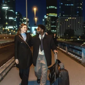 Diverse couple walking together holding hands and pulling a suitcase in a modern urban city district at night Diverse couple walking together holding hands and pulling a suitcase in a modern urban city district at night