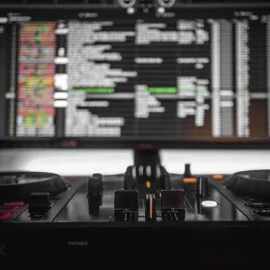 Dj console and monitor, bokeh, Pioneer DJ Dj console and monitor, bokeh, Pioneer DJ