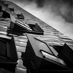 Dramatic perspective on the deconstructivist facade of the Gehry buildings in Dusseldorfer Medienhafen