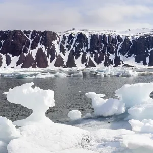 Drift ice, sea ice, sea, mountain range Drift ice, sea ice, sea, mountain range