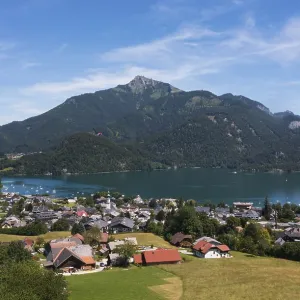Drone image, Sankt Gilgen am Wolfgangsee with Schafberg Drone image, Sankt Gilgen am Wolfgangsee with Schafberg