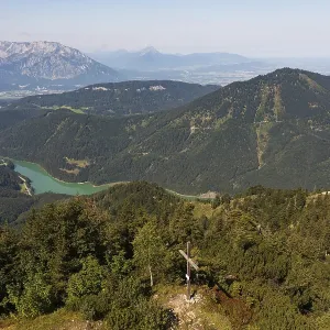Drone image, summit cross on the Ochsenberg with Untersberg and Wiestal reservoir