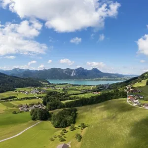 Drone photo, panorama photo, village Loibichl at Mondsee with Drachenwand and Schober