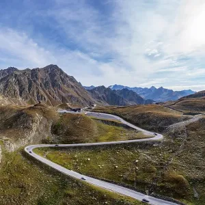 Drone photo, view of the pass summit of the Timmelsjoch High Alpine Road