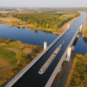 Drone shot, cargo ship on the Mittelland Canal