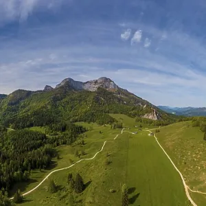 Drone shot, Eisenaualm with Schafberg and Mondsee