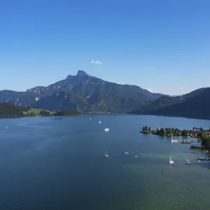 Drone shot, Golfclub am Mondsee with Schafberg and Drachenwand
