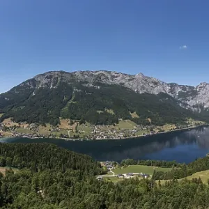 Drone shot, Grundlsee with village Grundlsee